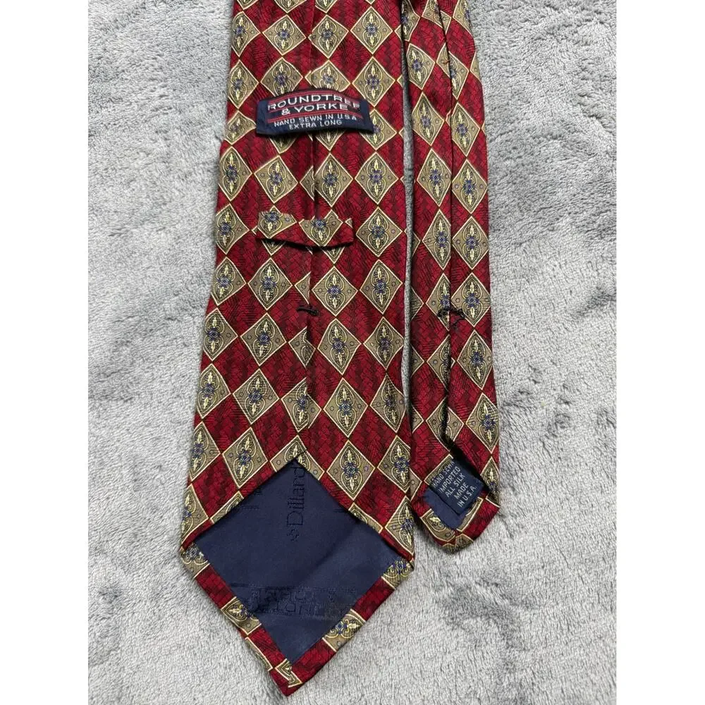 Roundtree‎ & Yorke Mens Extra Long Silk Tie Burgundy Red Gold Diamond Geometric